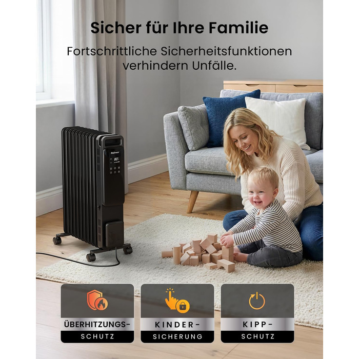 Електричний масляний радіатор Pro Breeze 2500Вт, 11 секцій, смарт-обігрів з термостатом, таймером на 24г та сенсорним дисплеєм, чорний
