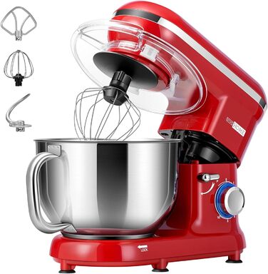 Кухонна машина VIVOHOME 5.7L: потужний міксер з 10 швидкостями, функцією імпульсу та набором насадок (червоний)