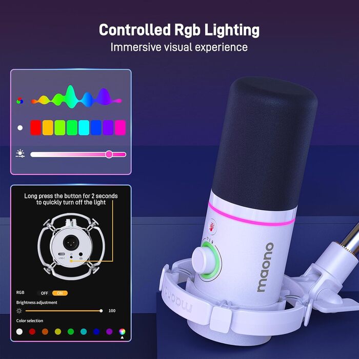 MAONO XLR/USB динамічний мікрофон для подкастів, RGB підсвітка, з програмним забезпеченням, кнопка вимкнення звуку, регулятор гучності, підвіс для стрімінгу, ігор, озвучення, запису, PD200XS, білий