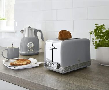 Тостер Swan Retro ST19010GRNEU на 2 скибки, широкий слот, вінтажний дизайн, 3 функції (розморожування, підігрів, скасування), 6 режимів, нержавіюча сталь, сірий, 815 Вт
