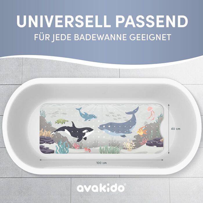 Дитячий килимок для ванни avakido® рифлений, антиковзний, 100% BPA-Free, з 2 гачками, водостійкий, машинне прання, дизайн 'Морські друзі'
