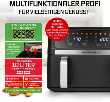 Аерофритюрниця GOURMETmaxx AirGenius 10Л з двома камерами (2x5Л), сенсорним керуванням та 10 програмами приготування, для 8 осіб