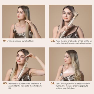 UKLISS Hairstyler Airstyler 8-в-1: Фен-щітка, випрямляч, плойка, насадки для об'єму та іонізація - Швидке сушіння для всіх типів волосся, колір шампань
