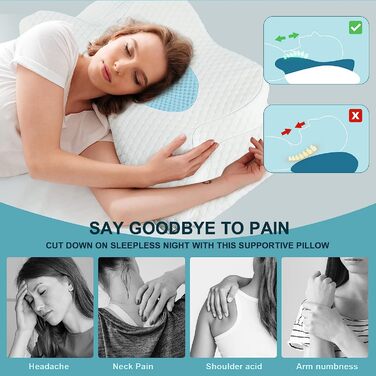 Ортопедична подушка GOXIFACA з Memory Foam, для шиї та спини, для тих, хто спить на боці, покращує якість сну, 60*35*10/12 см, блакитна