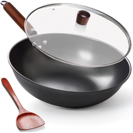 Wok-сковорода DIIG 33 см з кришкою, вуглецева сталь, антипригарна, для індукції, з дерев'яною лопаткою