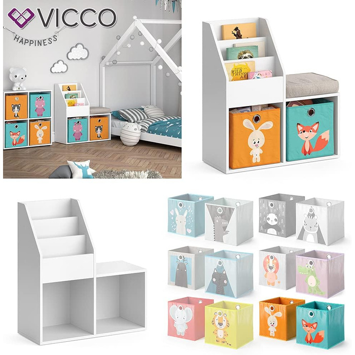 Дитяча книжкова полиця Vicco Luigi, біла, 72x79 см, з 2 складними коробами, малюнок Лисиця/Заєць
