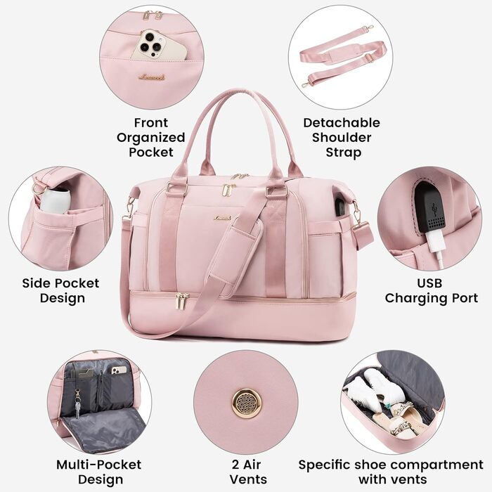 Спортивна сумка LOVEVOOK для подорожей, жіноча, 37L, рожева: Weekender, культ. сумка, відділення для взуття та мокрих речей