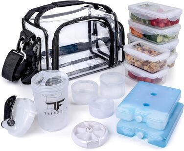 Ізольована ланчбокс з 6 контейнерами для їжі – BPA-Free, багаторазовий, підходить для мікрохвильової печі та морозильника – ланч-сумка з шейкером, органайзером для пігулок, плечовим ременем та охолоджувальними акумуляторами – сумка-холодильник (прозора)