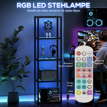 Стійка лампа HOMCOM з RGB підсвічуванням та скляними полицями, 4-рівнева LED-стійка лампа з пультом дистанційного керування, синхронізація з музикою, чорного кольору