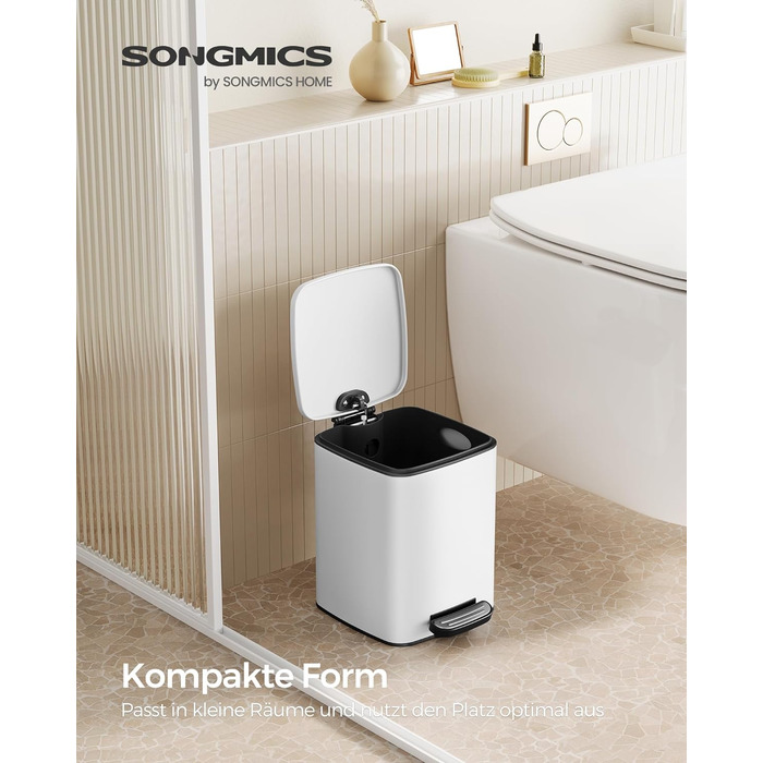 Косметичний педальний смітник SONGMICS 6 л, білий, стальний, з кришкою Softclose для ванної та малих приміщень