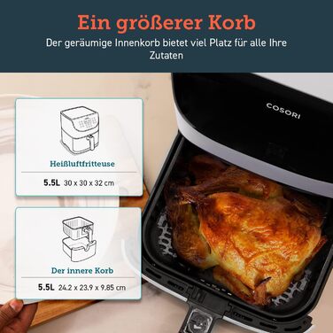 Аерофритюрниця COSORI 5,5 л XXL біла, LED-дисплей, 13 програм, 1700 Вт, без олії, книга рецептів, CP158-AF