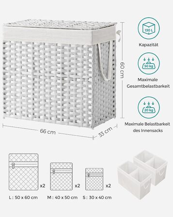 Кошик для білизни SONGMICS з кришкою, 130 л, 2 відділення, знімний мішок, ручки, ручне плетіння, для спальні та ванної, 33x66x60 см, білий