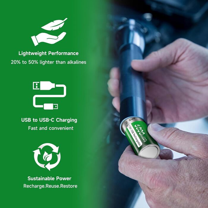 Акумулятори типу C (LR14) 1.5V 6000mWh літієві перезарядні, 4 шт. з USB-C кабелем для швидкої зарядки