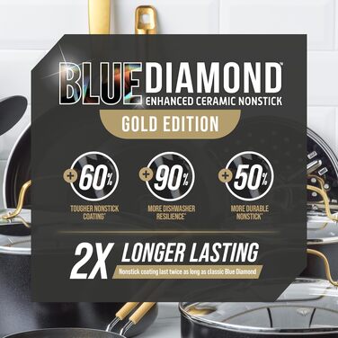 Набір посуду Blue Diamond Gold для індукційних плит, 14 предметів, з діамантовим антипригарним покриттям без PFOA та PFAS, стійкий до металевих приборів, підходить для посудомийних машин, чорний