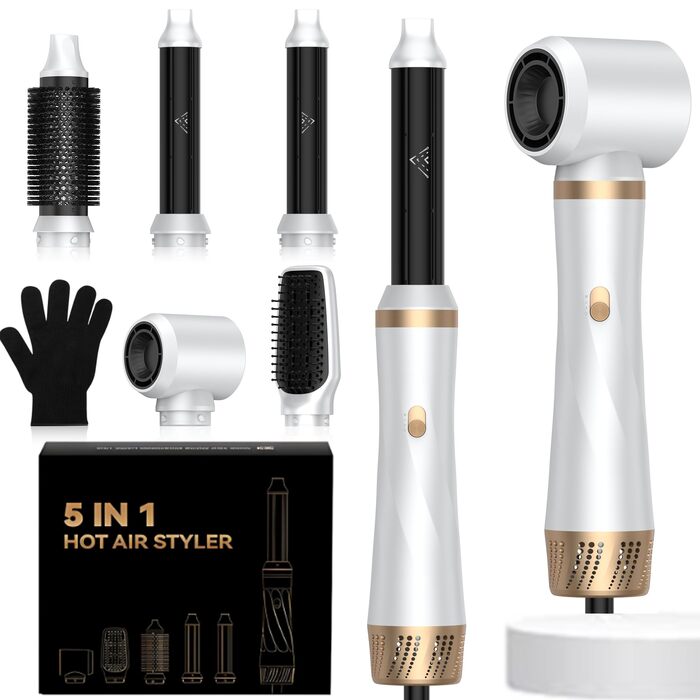 Hairstyler 5 в 1 Coandă-ефект: Фен-щітка, автоматичний локон, об'єм, сушка - перламутрово-білий (350г)