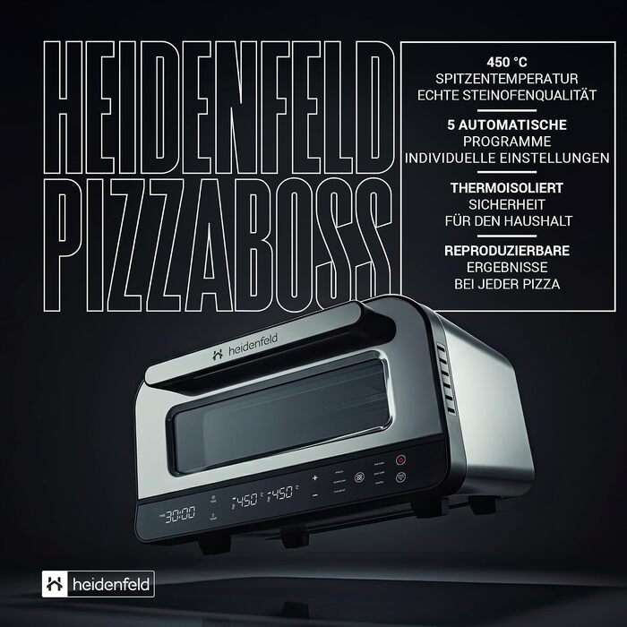 Електрична піч для піци Heidenfeld Pizzaboss, 1850 Вт, до 450°C, повний набір, сріблясто-чорний