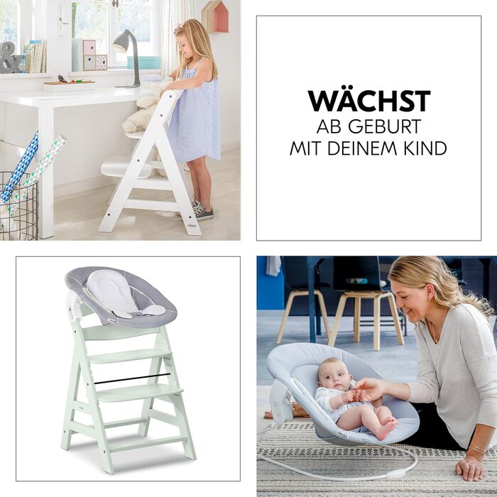 Дитячий високий стільчик Hauck Alpha+ Newborn Set з 2in1 гойдалкою - Зростаючий дерев'яний стільчик для годування з народження, з подушкою та гойдалкою для новонароджених - М'ятний Classic Mint
