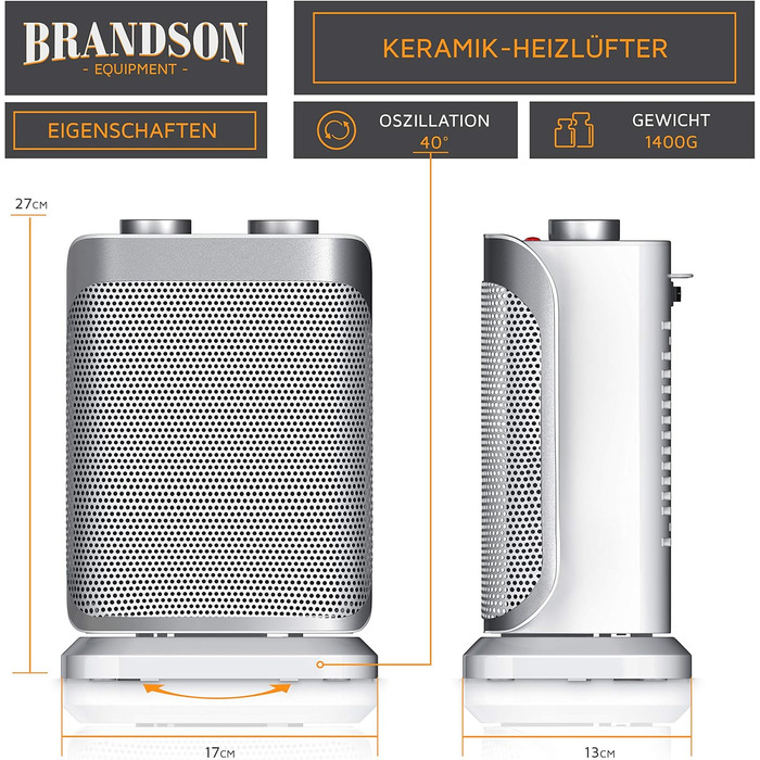 Керамічний обігрівач Brandson 1500 Вт, енергоощадний, безшумний, 2 режими, для ванної кімнати, плавне регулювання температури, термозахист, сріблясто-білий
