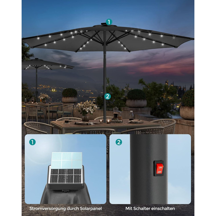 Сонячна парасоля SONGMICS 2,7 м з LED-підсвіткою, сонячна батарея, UPF 50+, подвійний нахил, обертання 30°, для тераси, басейну, балкона, без основи, сіра