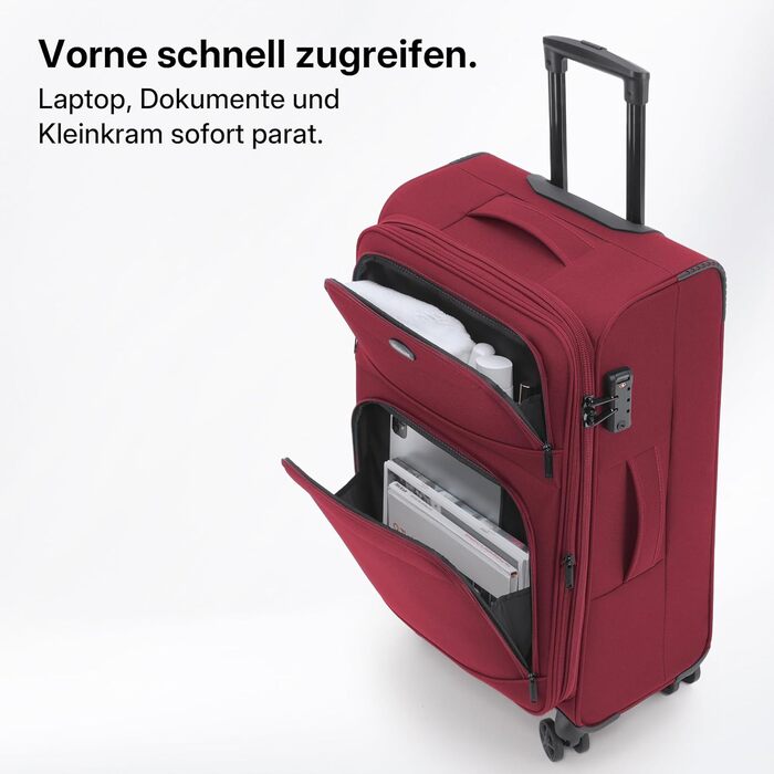 Валіза Münicase XL (79 см) з тканини, розширювана (+15% об'єму), з передніми кишенями, TSA-замком та подвійними колесами 360°, винно-червона
