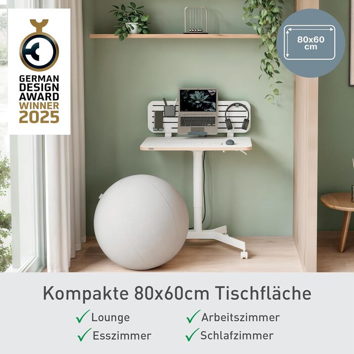 Ергономічний електричний стіл Leitz Ergo Compact 80x60 см для офісу та дому, білий - регульована висота, навантаження до 80 кг, з нагадуванням про зміну положення