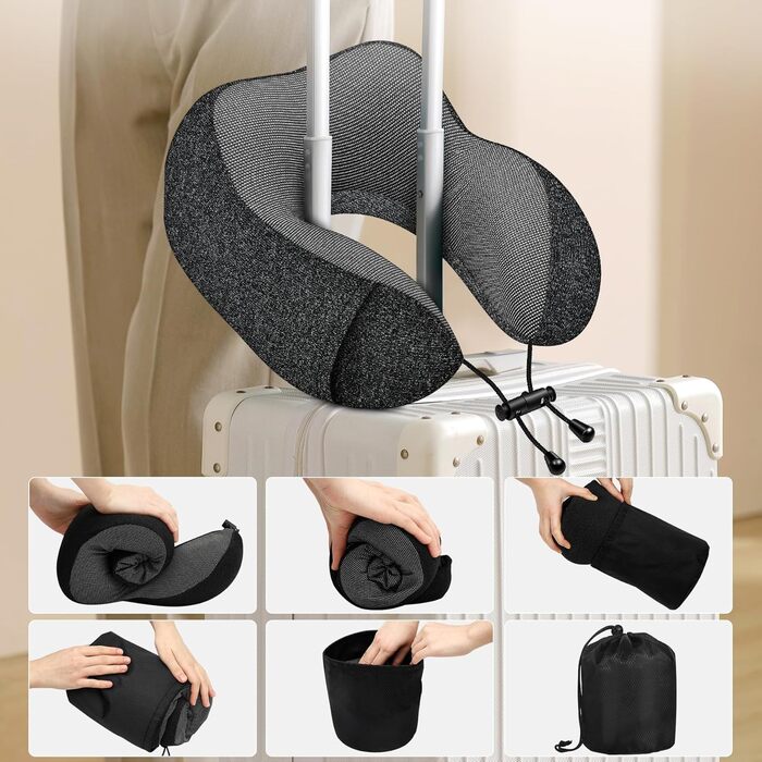 Подорожня подушка під шию з ефектом пам'яті (Memory Foam) для літака та авто, чорна, з 3D-маскою для сну та берушами