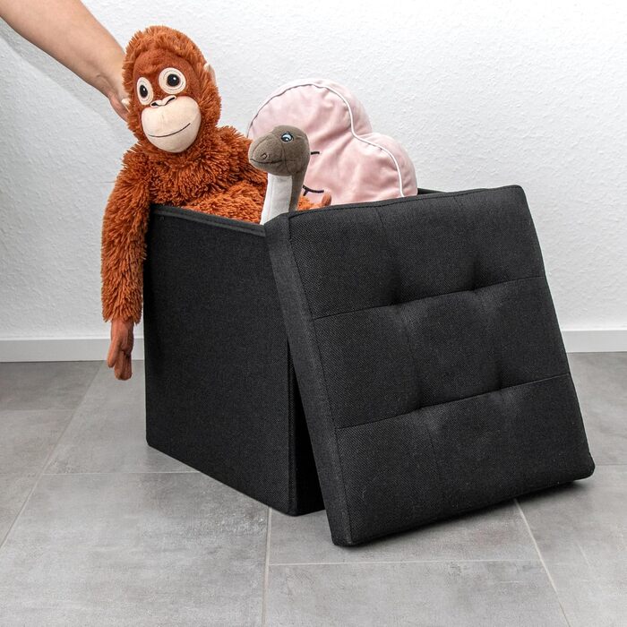 Складаний пуф INTIRILIFE 38x38x38 см, чорний, з кришкою та відсіком для зберігання, тканинний куб для сидіння та підставка для ніг