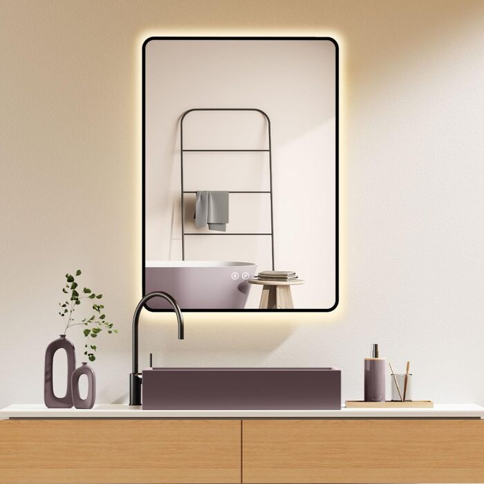 Дзеркало для ванної кімнати HOKO LED Texas 60x80 см / 80x60 см з підсвіткою, підігрівом проти запотівання та чорним металевим каркасом. Можливість встановлення HOCH+QUER. Сенсорне керування, зміна кольору світла 2700-6500K (тепле біле - холодне біле - ней