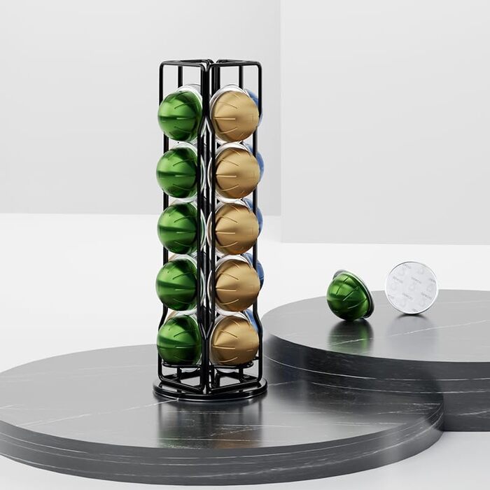 Тримач для капсул Nespresso Vertuo Sevenline - органайзер для 20 капсул, поворотний на 360 градусів (сріблястий/чорний)