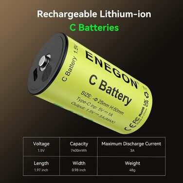 Акумулятори ENEGON C (LR14) 1.5V Li-Ion з портом USB-C для зарядки, 7400mWh, жовті (набір 4 шт)