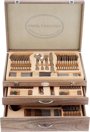 Набір столових приборів Pradel Excellence 113 предметів, нержавіюча сталь, подарунковий, сріблястий, у дерев'яному футлярі