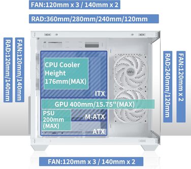 MUSETEX Y6 ігровий ATX корпус для ПК, білий, 270° огляд, загартоване скло, підтримка радіатора 360 мм, 3 встановлені вентилятори, Type-C