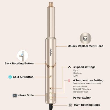UKLISS Hairstyler Airstyler 8-в-1: Фен-щітка, випрямляч, плойка, насадки для об'єму та іонізація - Швидке сушіння для всіх типів волосся, колір шампань