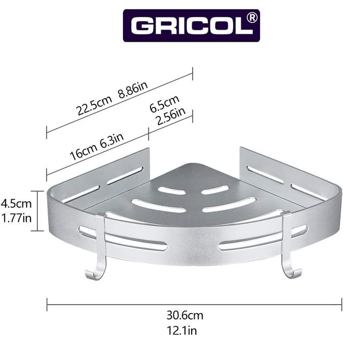 Кутова полиця для душу GRICOL, металева, без свердління, з 4 гачками, двоярусна, для ванної та кухні, срібляста