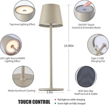 LED акумуляторна настільна лампа Zoeger 2 шт. з димуванням, USB-C, тепле світло 3000K, водонепроникна IP54, для дому та вулиці, алюміній