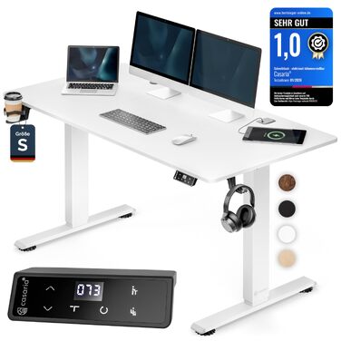 Ергономічний електричний стіл Casaria® 120x60 см з бездротовою зарядкою, USB-C/A, LCD-дисплеєм та пам'яттю (білий)