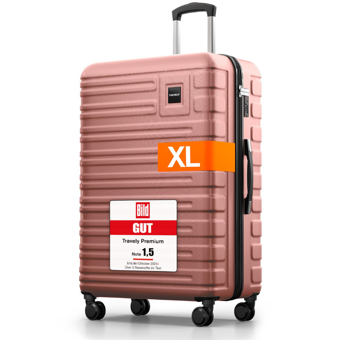 Валіза Travely XL 77 см з полікарбонату, містка валіза для подорожей 100 л, твердий корпус, TSA замок, 4 колеса, колір Rose Gold (77x52x29 см)