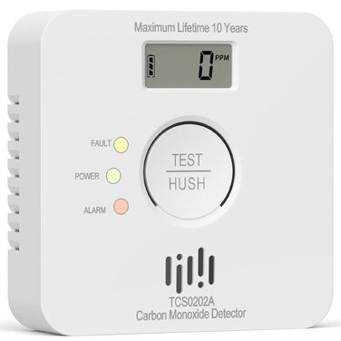Детектор чадного газу LIORQUE з LCD-дисплеєм, батарея та сенсор на 10 років, гучний сигнал 85 дБ, сертифікація EN 50291, білий