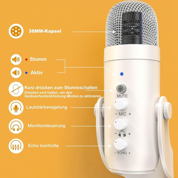 ZealSound USB мікрофон K66 перламутрово-білий, конденсаторний мікрофон для ПК, смартфонів, PS4, PS5, USB-C, для ігор, подкастів, запису, стрімінгу, зі стумом, регулюванням гейну та ефектом ехо, сумісний з Mac, Windows