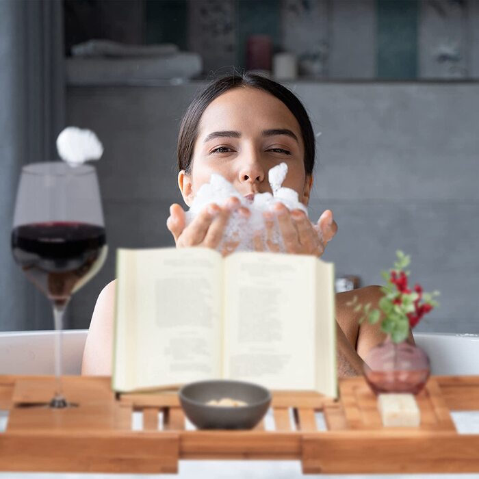 Полиця для ванни Relaxdays, бамбук, розсувна 70-105 см, з підставкою для книги і тримачем для келиха, натуральний/чорний