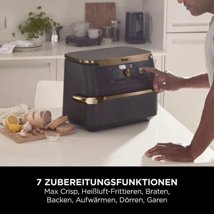 Фритюрниця Ninja Foodi FlexDrawer AF500EUCP: 10.4л, Dual Zone, 7-в-1, Чорний & Мідний, Знімний роздільник