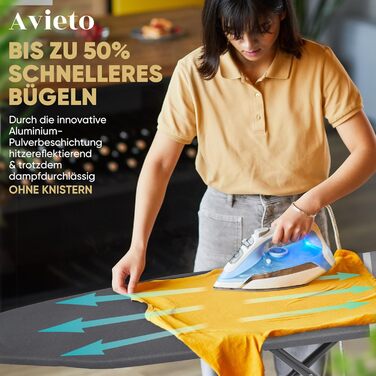 Дошка для прасування Avieto XXL 124x47 см для парових прасок, паропрасувальних станцій, алюмінієве покриття, тепловідбивна, паропроникна, 4-шаровий чохол з кордом, велика підставка для праски
