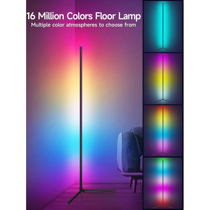 LED торшер у вітальню RGB кутовий, димується з пультом та додатком, синхронізація з музикою, DIY-режим, таймер - чорний