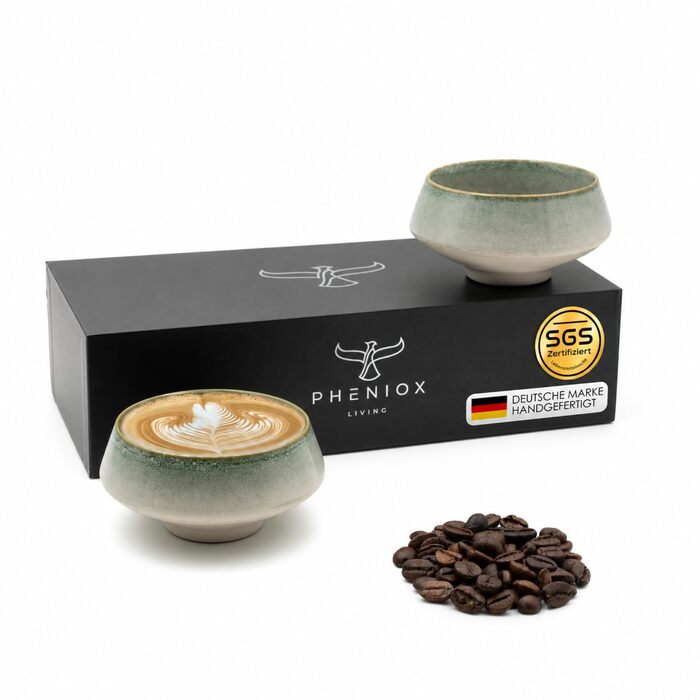 Набір керамічних чашок для капучино та лате Pheniox Barista, 2 шт по 180 мл, порцеляна для Latte Art, без ручок, стійкі до миття в посудомийній машині (Зелений)