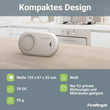 Детектор чадного газу Fire Angel FA3820 з батареєю на 10 років - для дому та подорожей, портативний CO-детектор та сповіщувач, білий