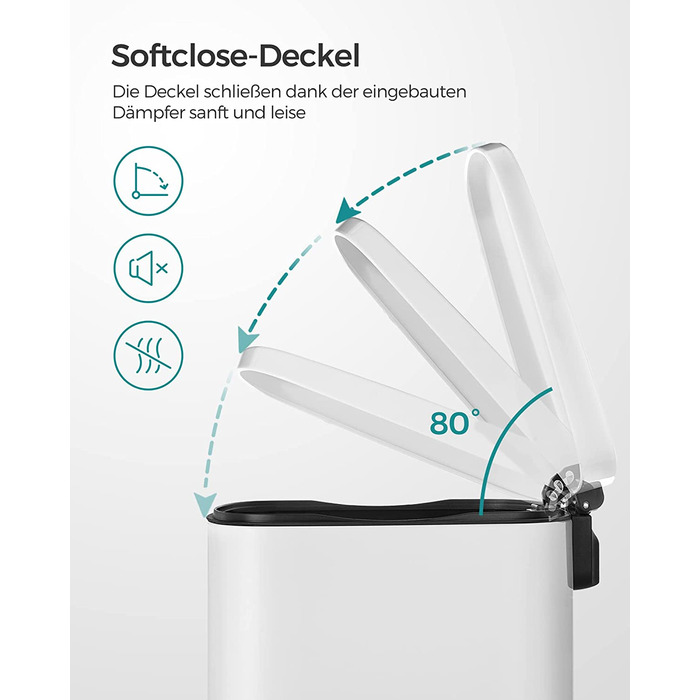 Смітник для кухні SONGMICS 50 л з педаллю, кришкою Softclose, білий, сталевий корпус, внутрішнє відро