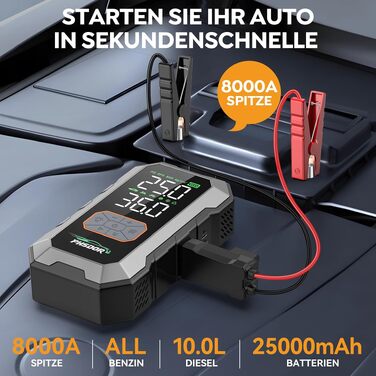 Пусковий пристрій (бустер) 8000A з компресором 150PSI та Powerbank 25000mAh для авто (бензин до 12л, дизель до 10л), з LED-ліхтарем, сріблястий