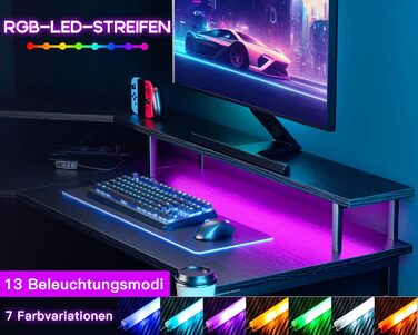 Ігровий стіл ODK з LED підсвіткою, 2 розетками та 2 USB, кутовий комп'ютерний стіл з великою полицею для монітора, чорний