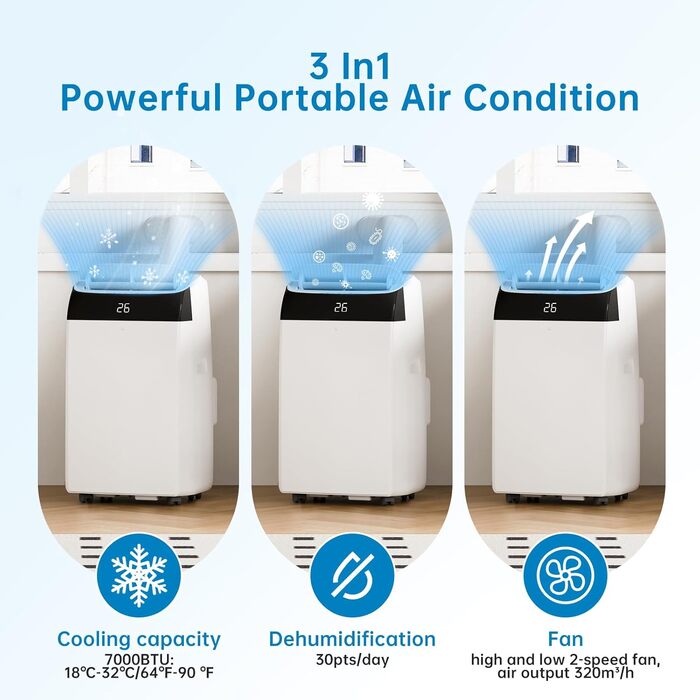 Мобільний кондиціонер Leises 4-в-1 12000 BTU з пультом, таймером на 24 години, функціями охолодження, вентиляції, осушення та Follow-Me для кімнат до 43-51 м²