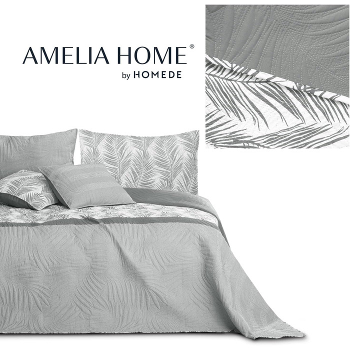Покривало AmeliaHome Tropical Bonaire 260x280 см, двостороннє, стьобане, легкий догляд, рослинний візерунок, сірий/білий